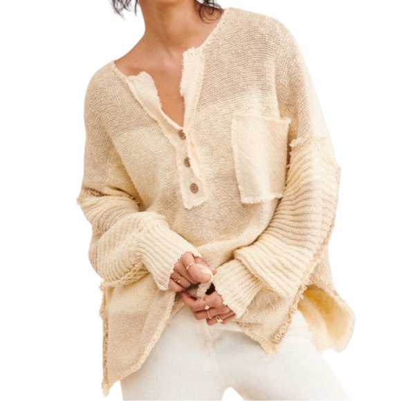 Free People Road Trip Henley Sweater Medium Oversized Boho Neutral Camp Fall - Picture 1 of 14